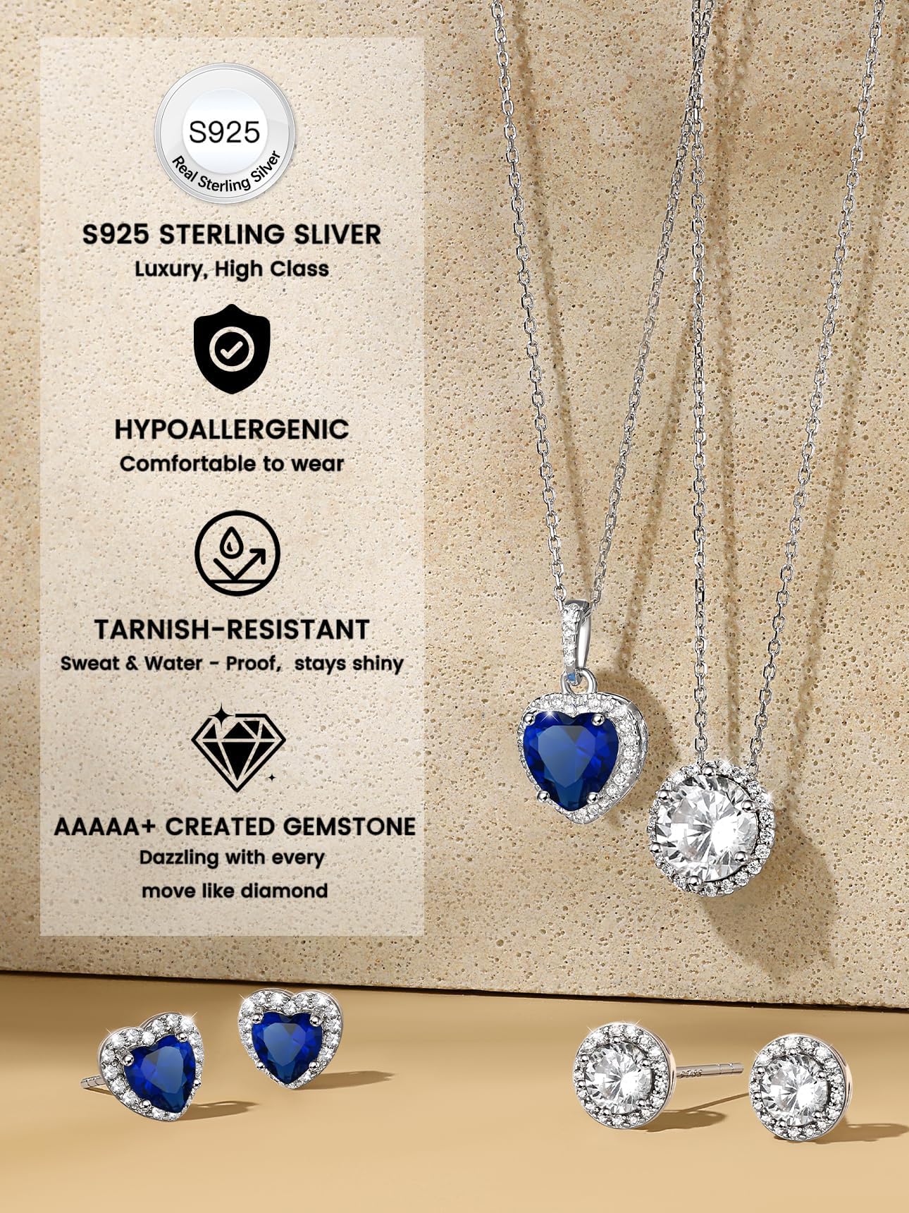 Bestyle Adorable September Sapphire Birthstone Stud Earrings 925 Sterling Silver CZ Heart Gemstone Studs Earrings Great Birthday Gift for Daughter/Wife/Mom/Grandma