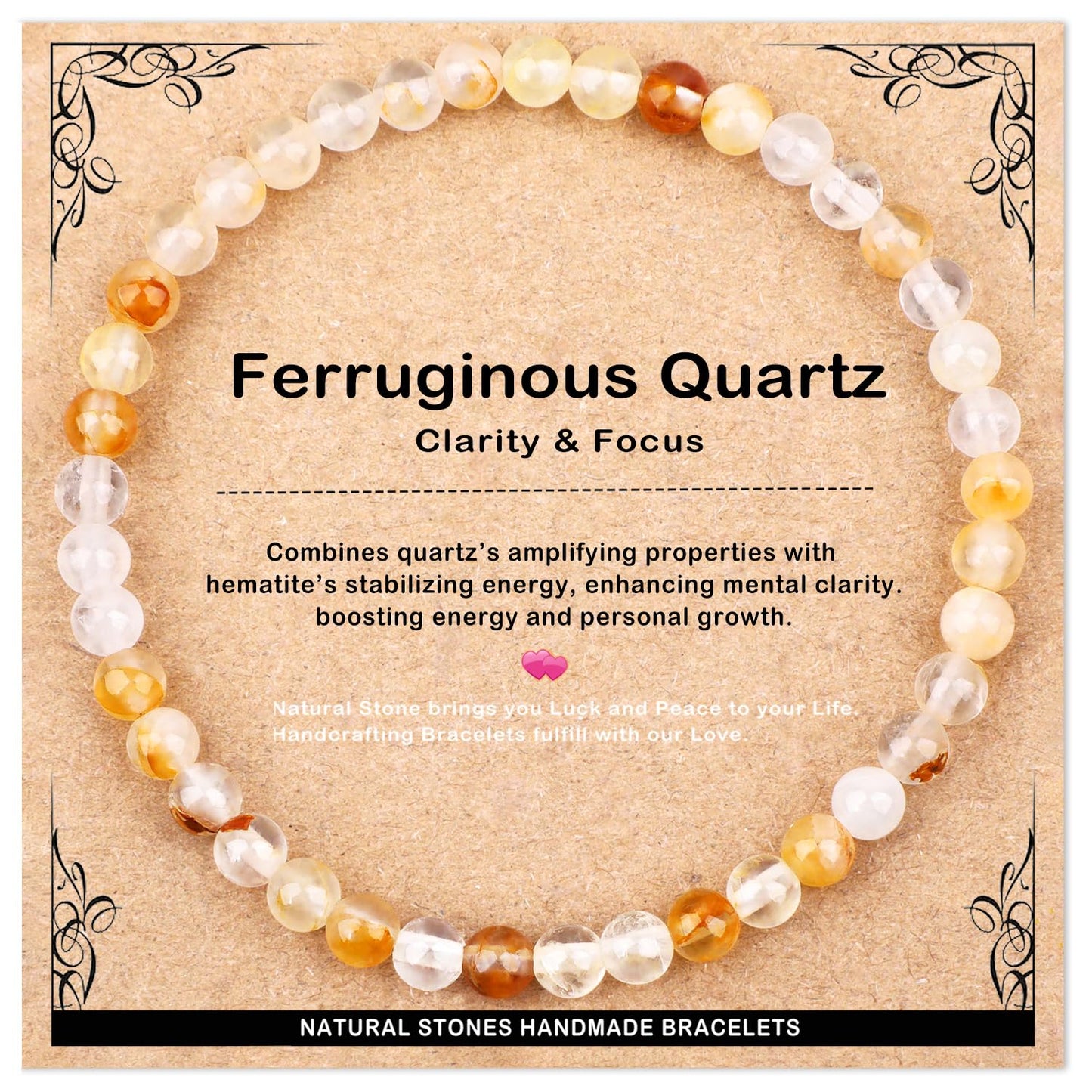 AD Beads 4mm Handmade Ferruginous Quartz Elastic Bracelet – Natural Gemstone for Clarity & Focus – Meditation, Yoga, Healing and Energy Gift for Men Women