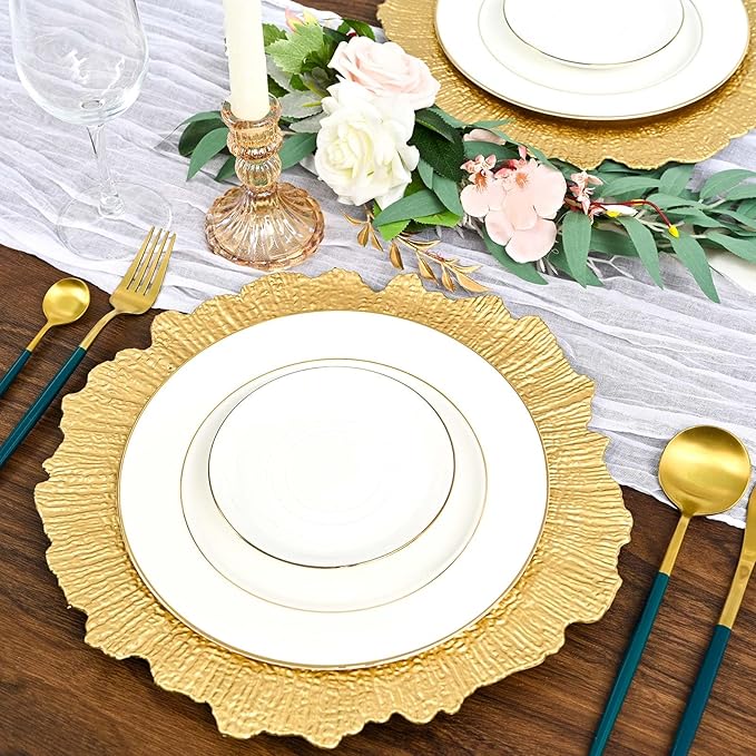 Pesonlook 100Pcs Gold Charger Plates Round 13inch, Reef Plate Chargers for Dinner, Bulk Plastic Floral Table Charger Plates for Dinner Wedding Party Event Table Setting Decoration(Gold)