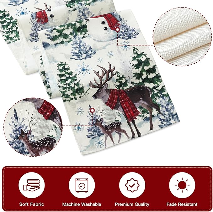 Artscope Reindeer Snowman Christmas Tree Table Runner, Xmas Winter Snowflakes Holiday Kitchen Dining Table Decoration for Christmas Home Party Decor 13x120 Inch-Beige