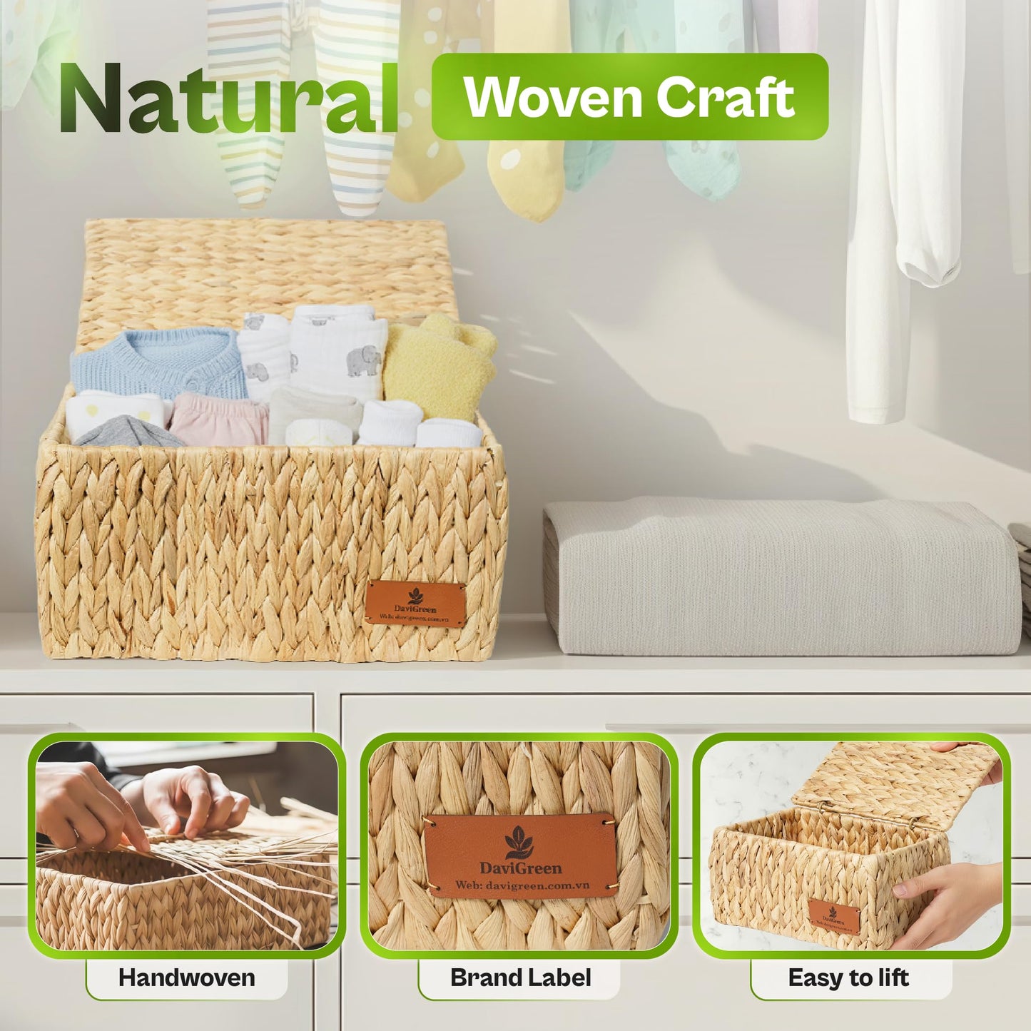 DaviGreen Storage Baskets with Lids, Set of 3 Wicker Storage Baskets for Storage, Water Hyacinth Basket with Lid, Rectangular Woven Storage Baskets for Shelves, Closet, Bedroom & Home Organization
