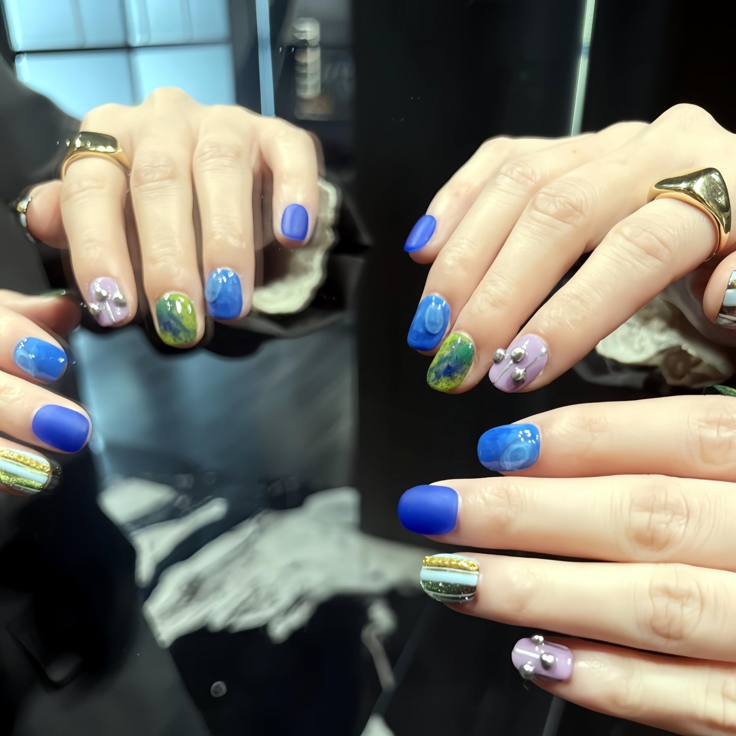 Fine Point Handmade Press-On Nails Set, Short Squoval, Funky Cobalt Blue Aura Green Swirl, 3D Stud Accent, Designer Artistic Novelty, Pop-Star Showgirl, Cosmic Coquette Mothers Day Gifts (Size Small)