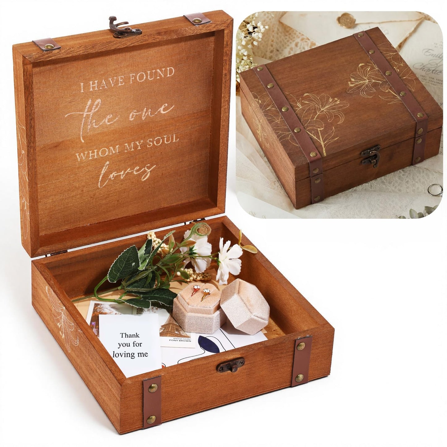 Teecyhooo Wedding Keepsake Box for Couples Mr and Mrs Wooden Memory Storage Boxes PU Leather Studs Rustic for Bride Groom Wedding Bridal Shower Bachelorette Engagement Anniversary Decor