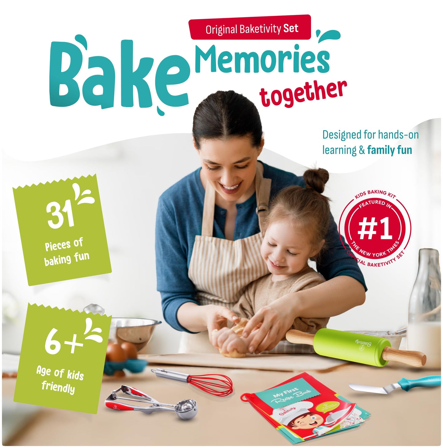 Baketivity 31-Piece Kids Baking Tools Set – Real Cooking Utensils for Children – Safe, Durable, and Fun Kitchen Accessories – Gift for Young Chefs