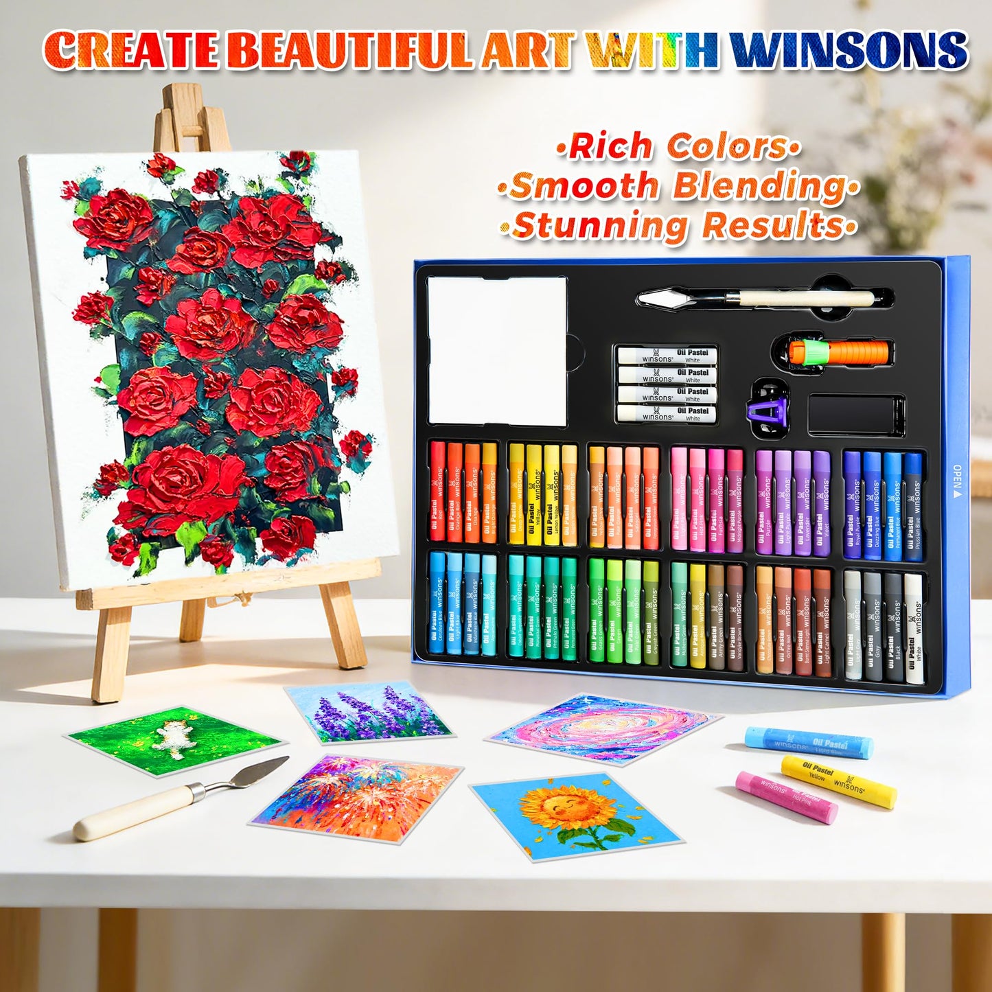 WINSONS 65 PCS Oil Pastel Set, 48 Soft Colors & Extra 4 White Pastels, Complete Art Kit with Holder, Scraper, Sharpener & Pastel Paper – Non-Toxic, Smooth Blending for Artists & Beginners