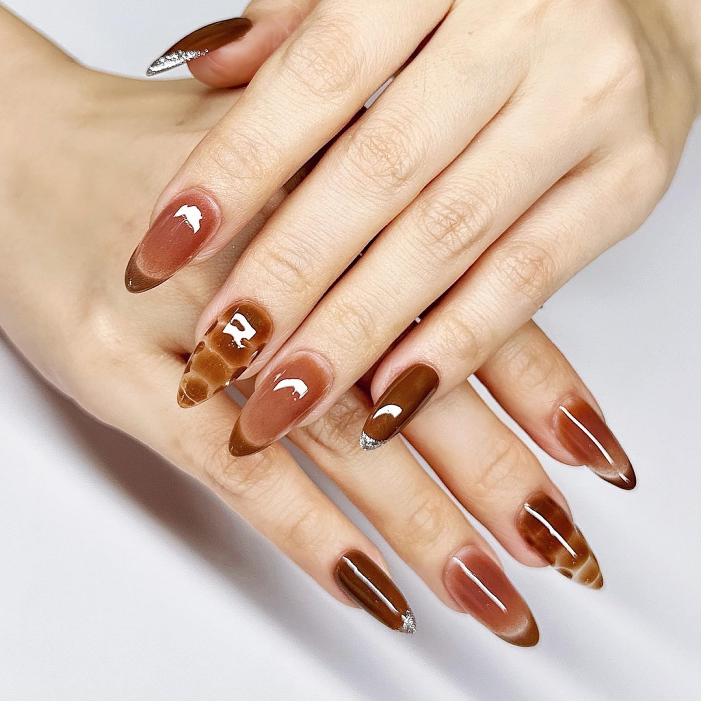 Sunruby Press On Nails Medium Almond Brown Cafe with Silver Glitter French Tip & More| Reusable Soft Gel Nails in 15 Sizes -30 Nail Kit with Glue | Designed in L.A, Handmade in Vietnam | Espresso Chic