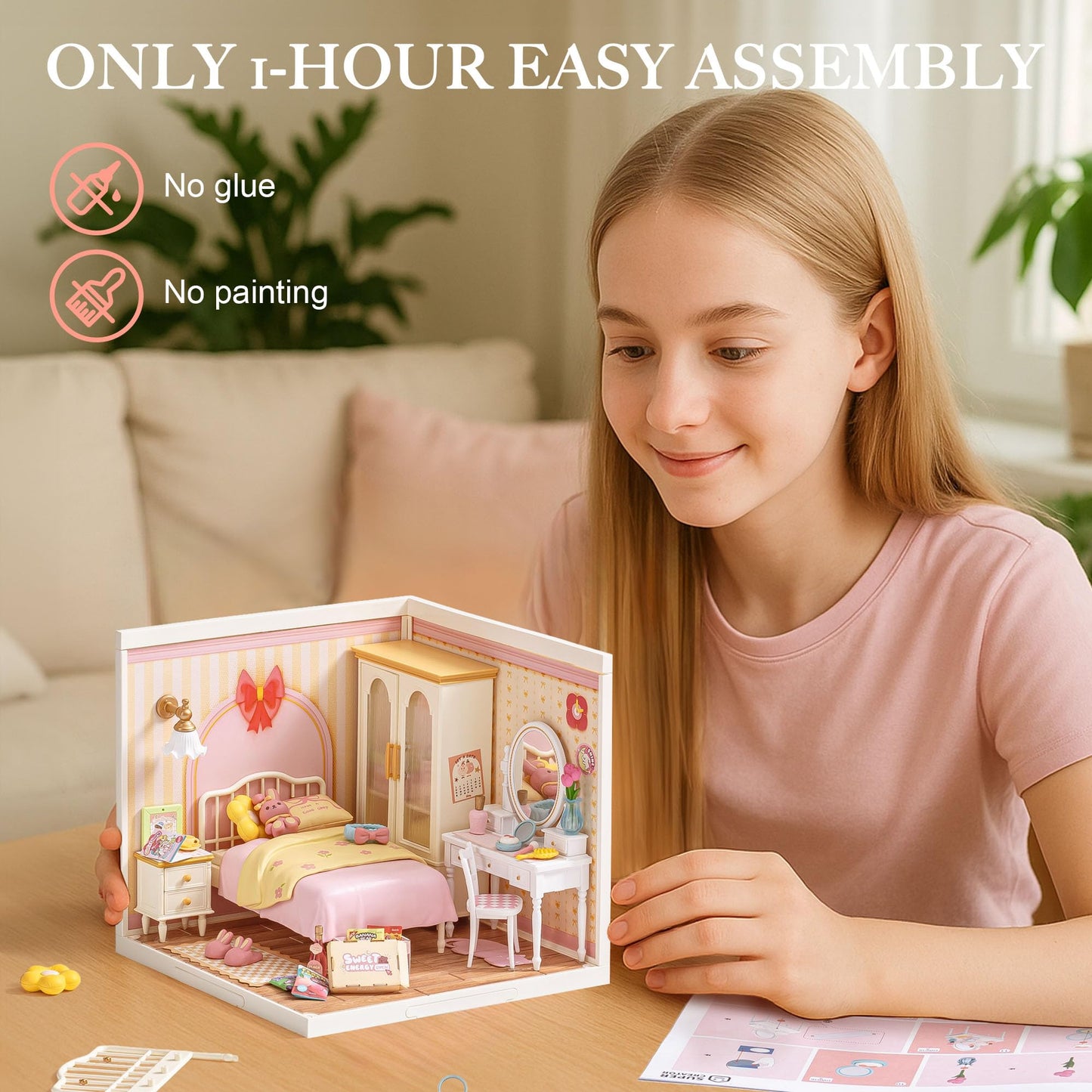 ROBOTIME Super Creator Kits, DIY Miniature House Kit with LED, Plastic Mini House, Toy Building Set, Mini Figures Construction for Teens &Adults, Craft for Home Decor Unique Gift (Lovely Pink Bedroom)