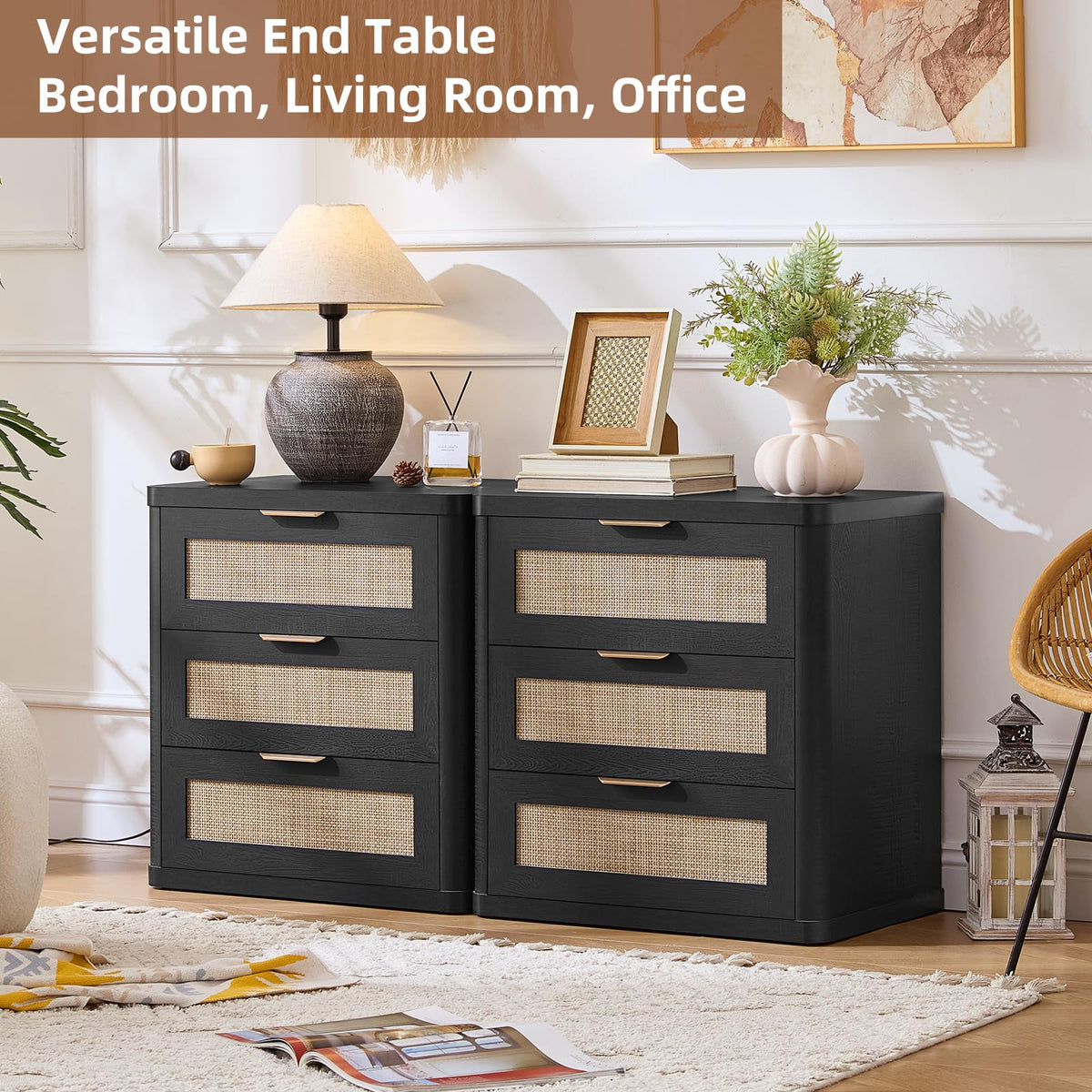 Rattan 23" Nightstands with Drawers for Bedroom