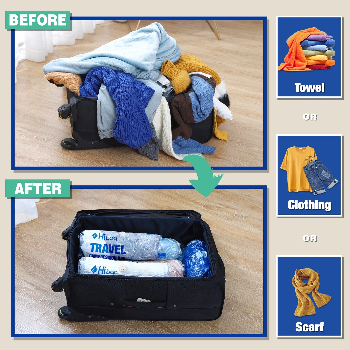 Travel Zipper Storage Bags,Travel Essentials Roll Compression Bags for Cruise Luggage Accessories, 5 Luggase Size 5 Carryon Size (10 pack)