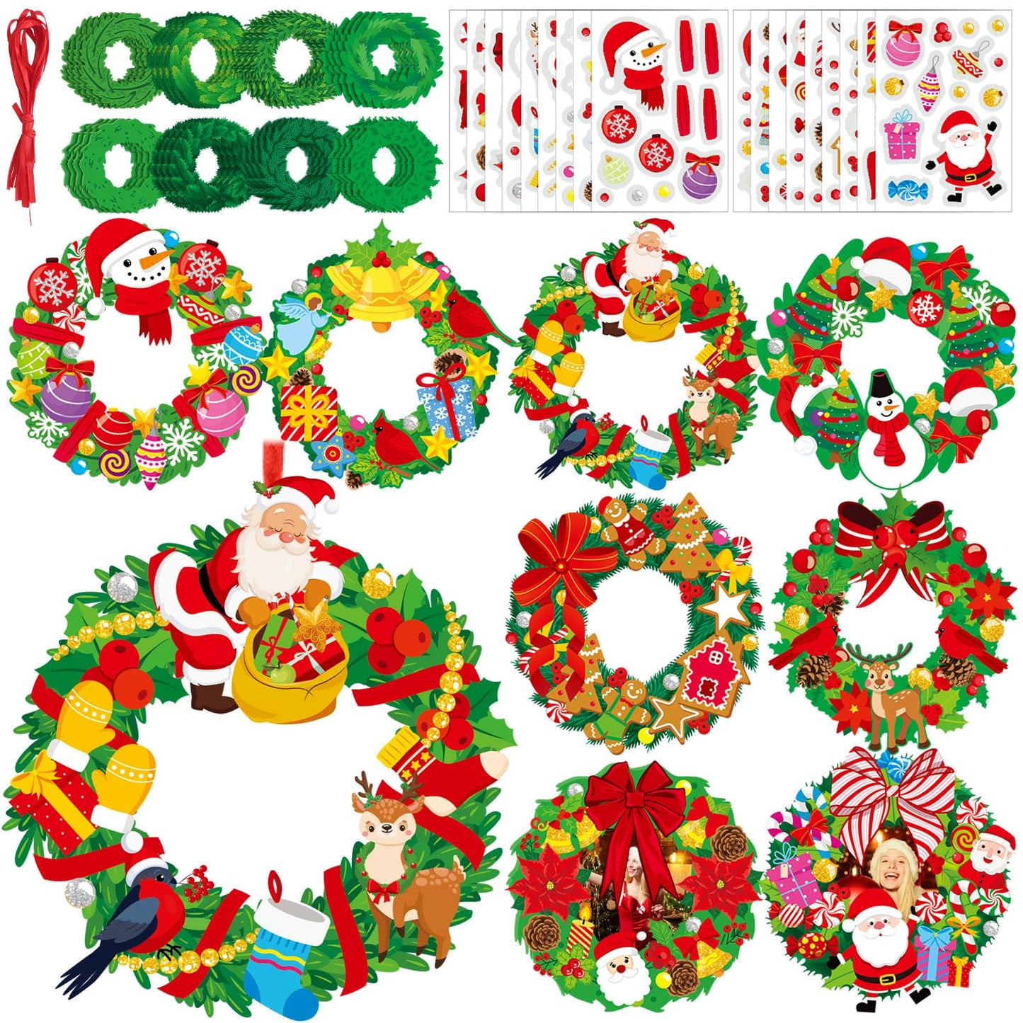 Fullhawl 48 Set Christmas Wreath Craft Kits DIY Christmas Photo Frame Ornament with Assorted Stickers Make You Own Wreath Crafts for Boys Girls Church Favor Home Classroom Xmas Gift