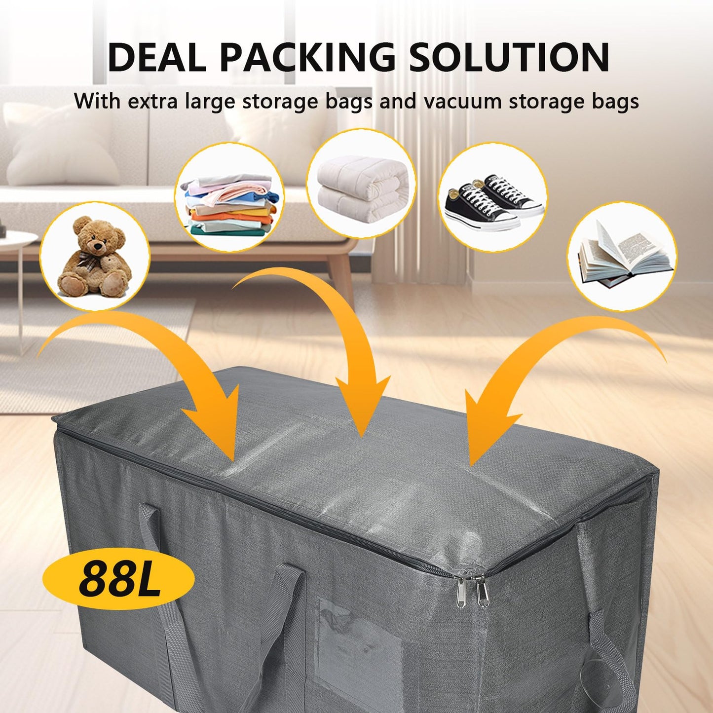 Extra Large Storage Bags Set Heavy Duty Moving Totes with Handles, Waterproof Dual-Way Carrying Design Fold Flat Storage Totes For Effortless Moving, (Gray, 12 Park-2 Moving bag & 10 Vacuum Seal Bags)