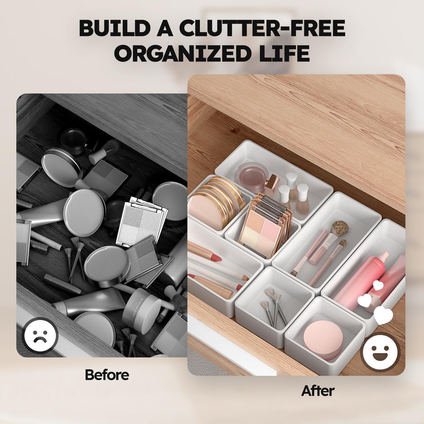 eazttouz 8 Pack Stackable Drawer Organizer Trays, Plastic Shallow Storage Bins for Bathroom Vanity, Desk Drawer, Kitchen, Makeup Organization, White (4M+4S)