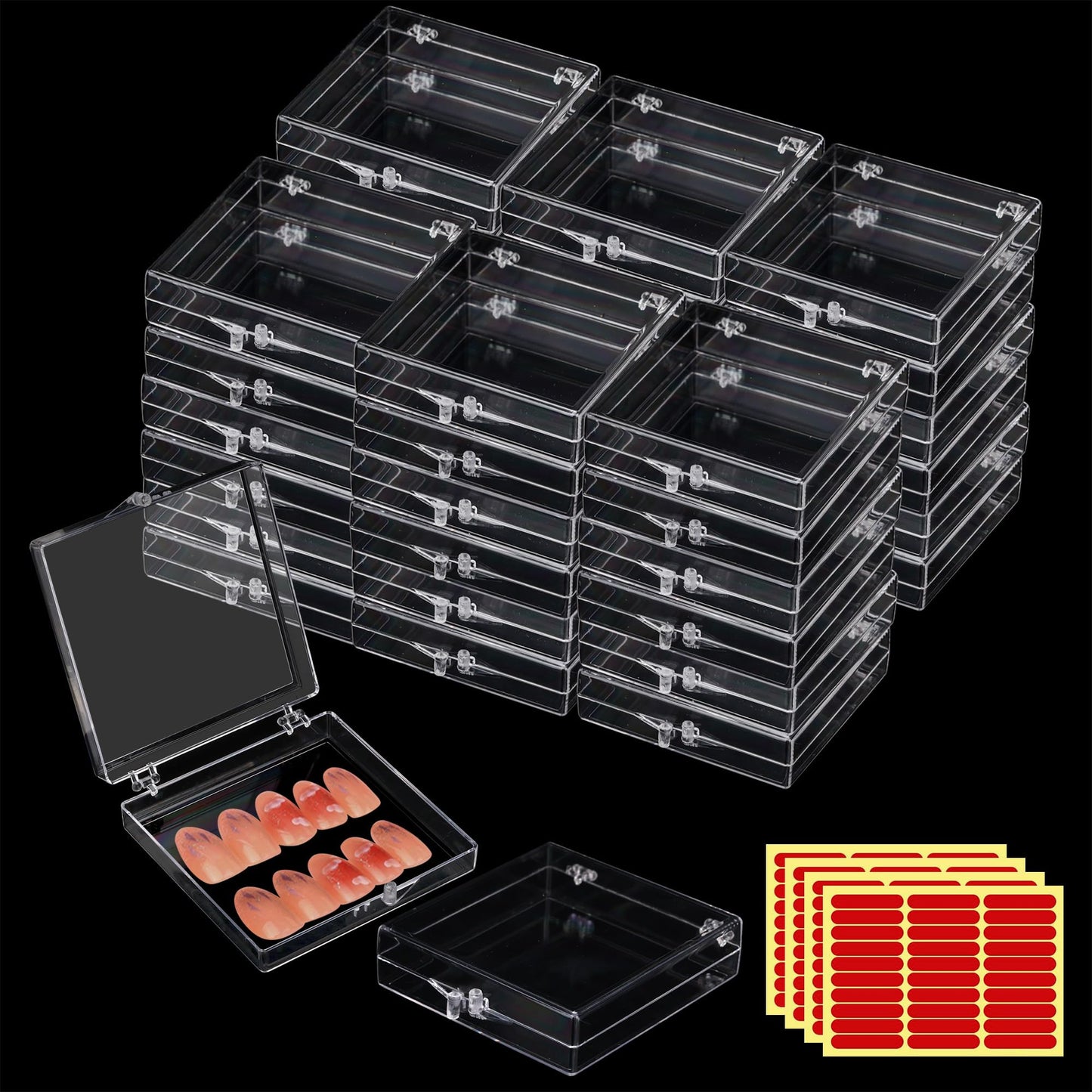 Axigundaone 36 Pcs Press on Nail Storage Box, 2.8 x 2.8 Inch Clear Nail Case with 120 Pcs Adhesive Double Sided Tapes, Press on Nail Packaging Box for False Nail