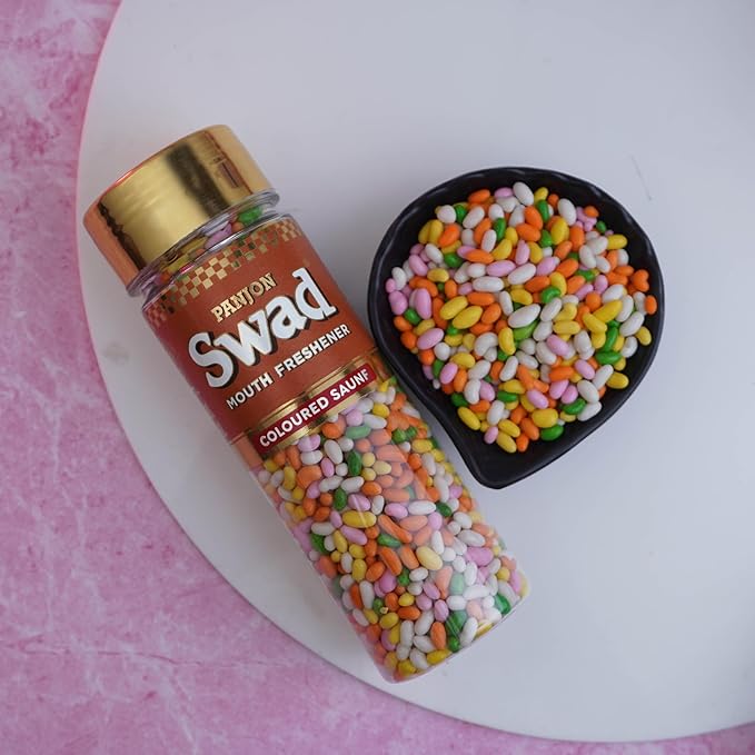 Panjon Swad Sugar Coated Fennel Candy Mukhwas Mouth Freshener 1 Bottle, 140g (COLOURED SAUNF)