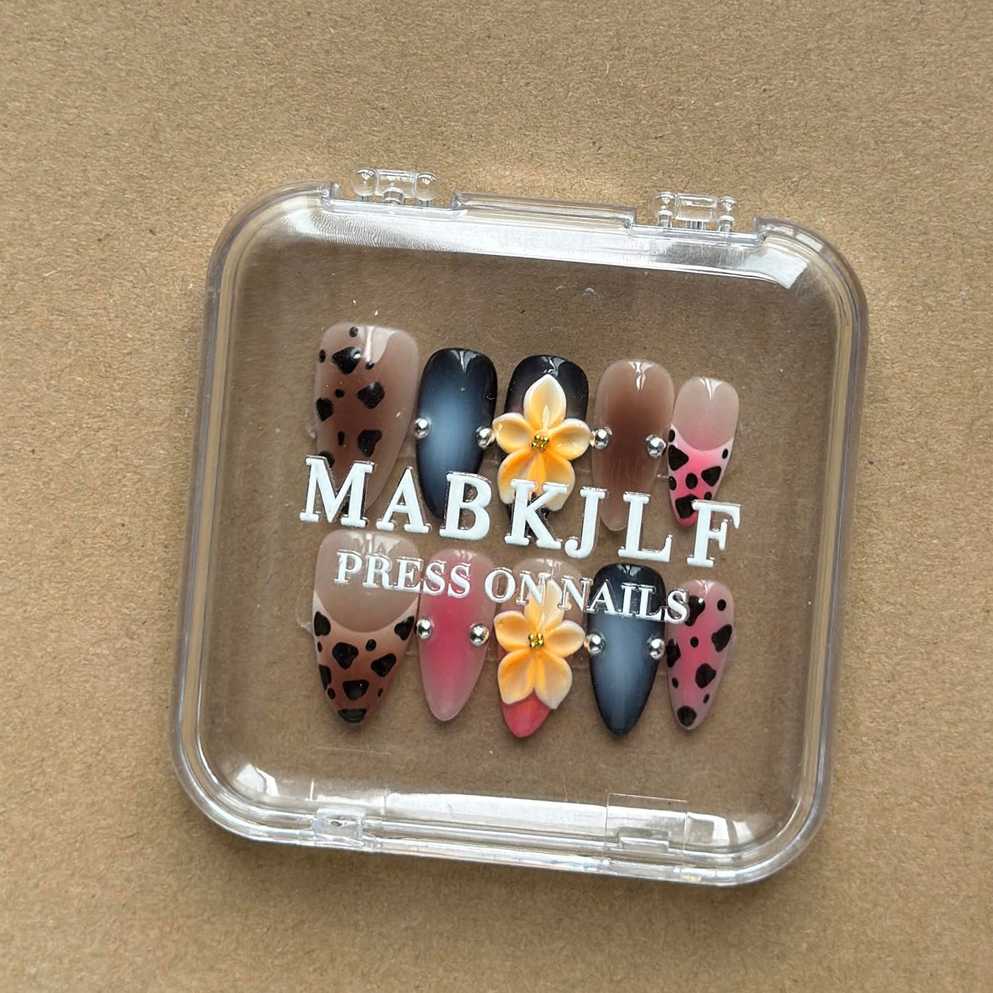 Luxury Press on Nails Medium Almond Handmade 3D Unique Reusable ABS Material Fake Nails False Nails with Designs Yellow Flower Leopard Art Petal Pink Glossy Glue on Thick Acrylic Nails(S)