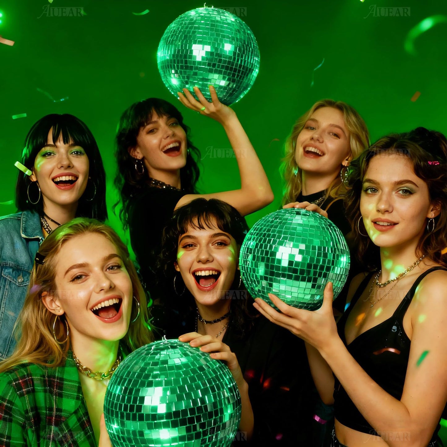 AUEAR, 18 Pack Self Adhesive Glass Mirror Mosaic Wall Tiles Sheet Sticker Disco Ball for DIY Craft Green