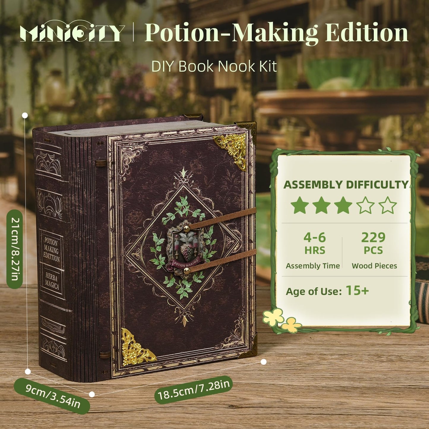 MiniCity Book Nook Kit,Tiny House Kits to Build to Live in,DIY Wooden Crafts for Adults, Mini Model Kits with LED, Birthday and Valentine's Day Gift for Adults (Potion-Making Edition)
