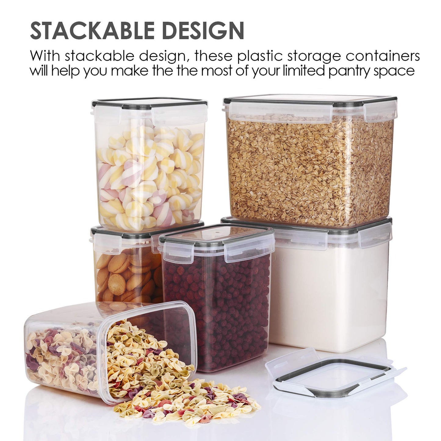 Vtopmart Airtight Food Storage Containers 6 Pieces - Plastic BPA Free Kitchen Pantry Storage Containers for Sugar,Flour and Baking Supplies - Dishwasher Safe - Include 24 Labels, Black