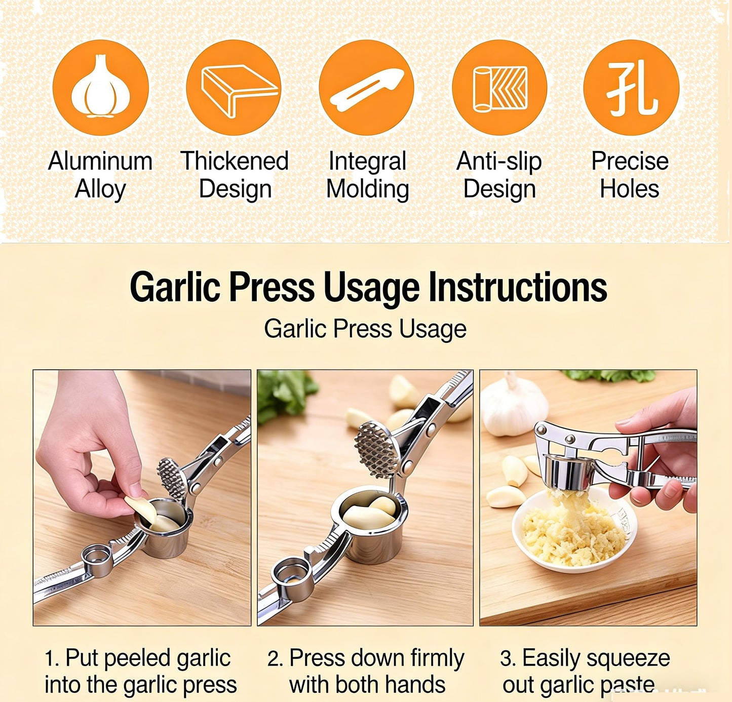 Multifunctional Garlic Press, 3-in-1 Kitchen Tool, Aluminium Alloy, Garlic Crusher with Walnut Cracker and Bottle Opener