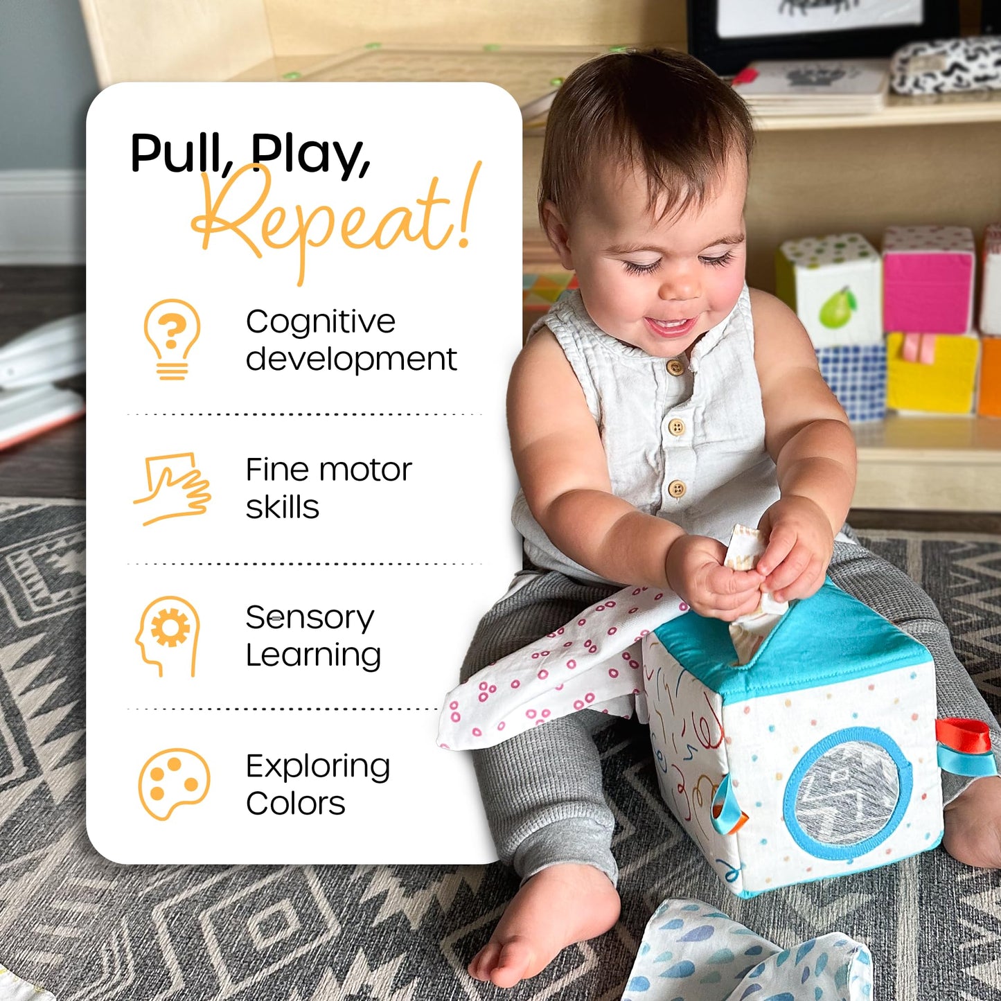 Quiggly Soft Fabric Tissue Box Toy for Babies- Montessori Sensory Development Toy for 6-12 Month Olds - 100% Cotton, Crinkle Tissues, Ribbon Details, Safety Mirror- Ideal for Infant Gross Motor Skills