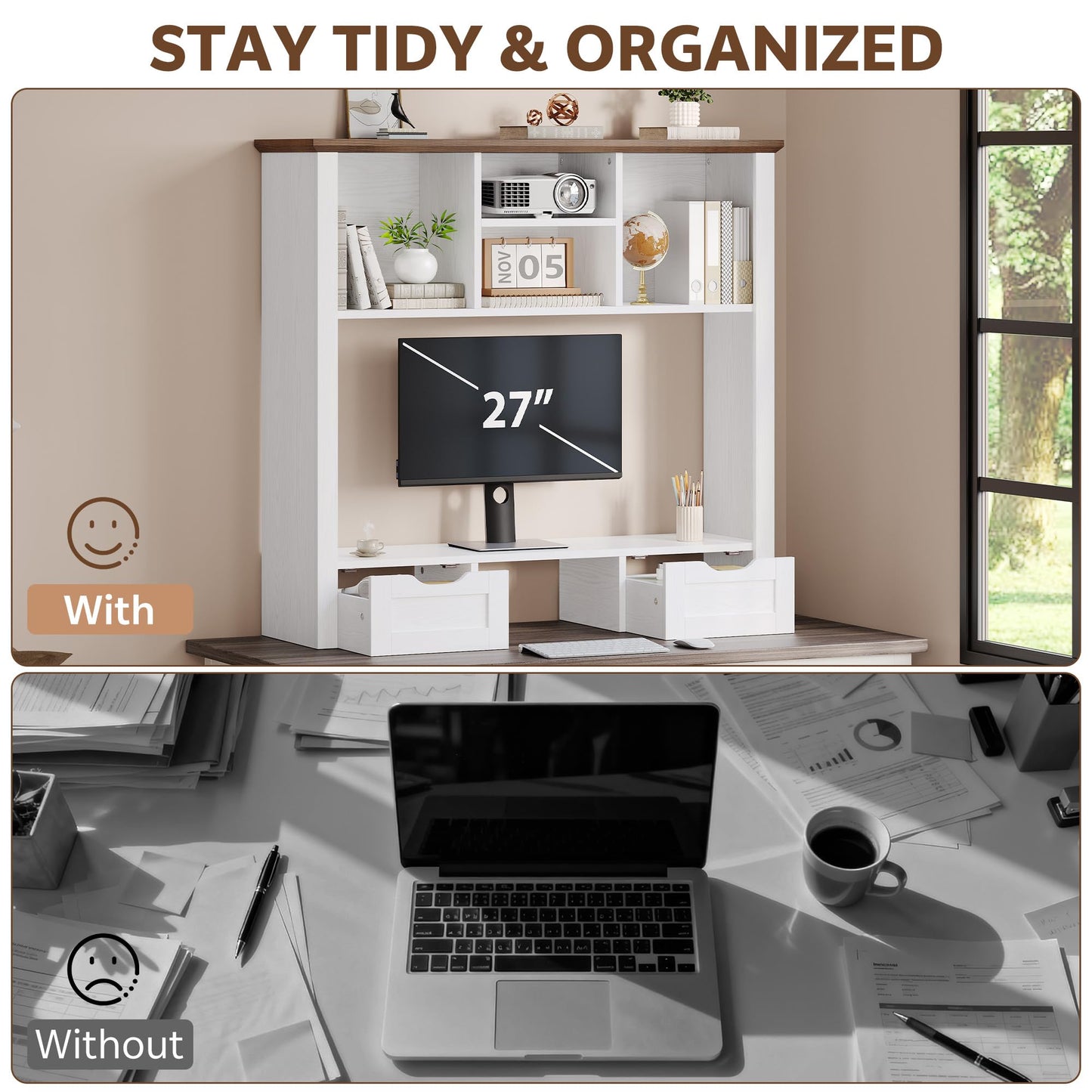 Homiflex Desk Shelf with Computer Monitor Stand, 37.4''W Desktop Bookshelf Display Rack, Desktop Organizer Storage Rack with Cubbies & Drawers, 5-Tier Hutch for Home, Office, Dorm, Vanity, White&Brown