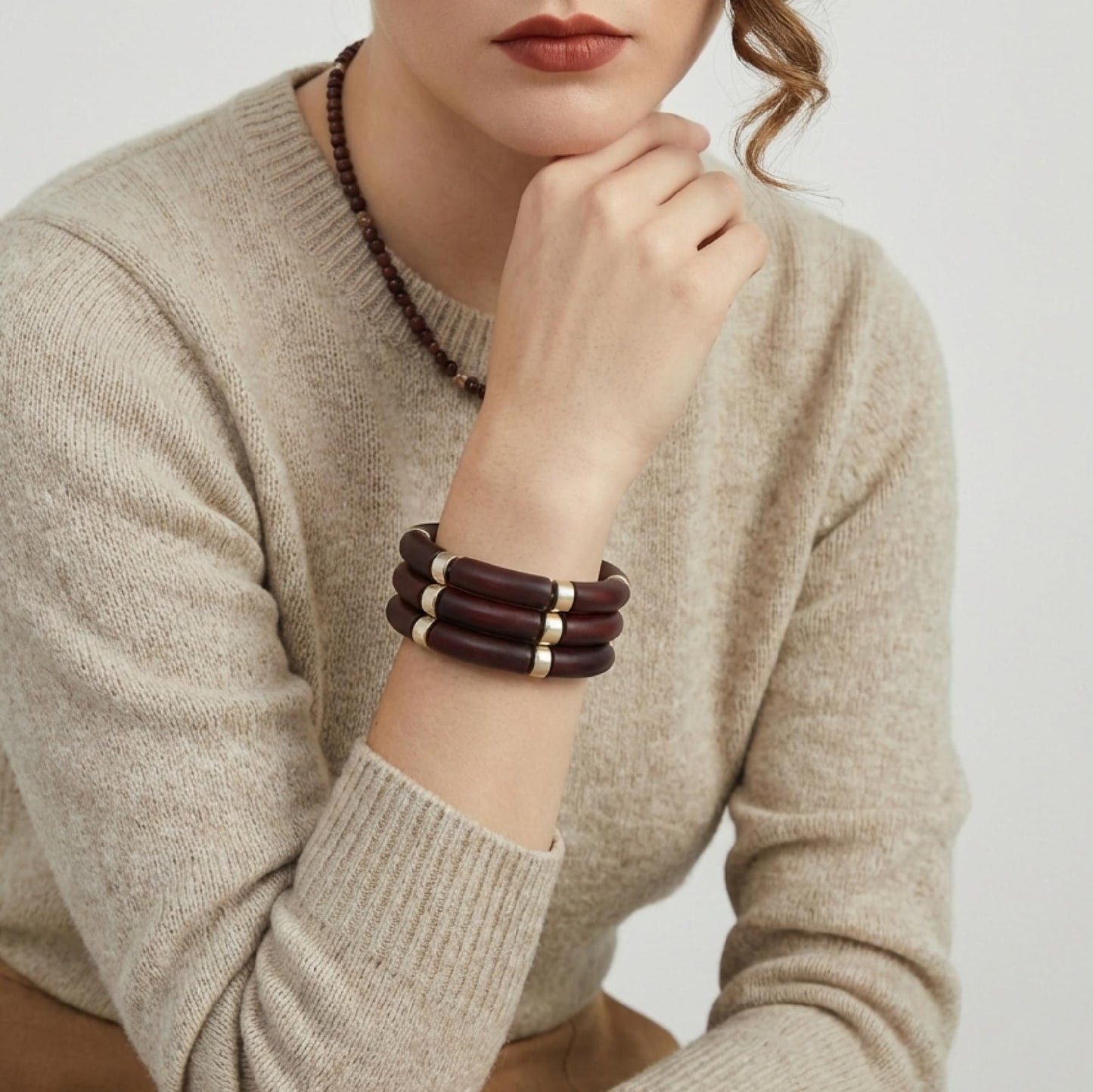 GOOJIDS Simple Beaded Gold Plated Bangles Bracelet Chunky Bamboo Tube Curved Stacking Clear Acrylic Colorful Beads Stretchable Gold Plated Bracelets Set For Women (T-Dark Brown 3 set)