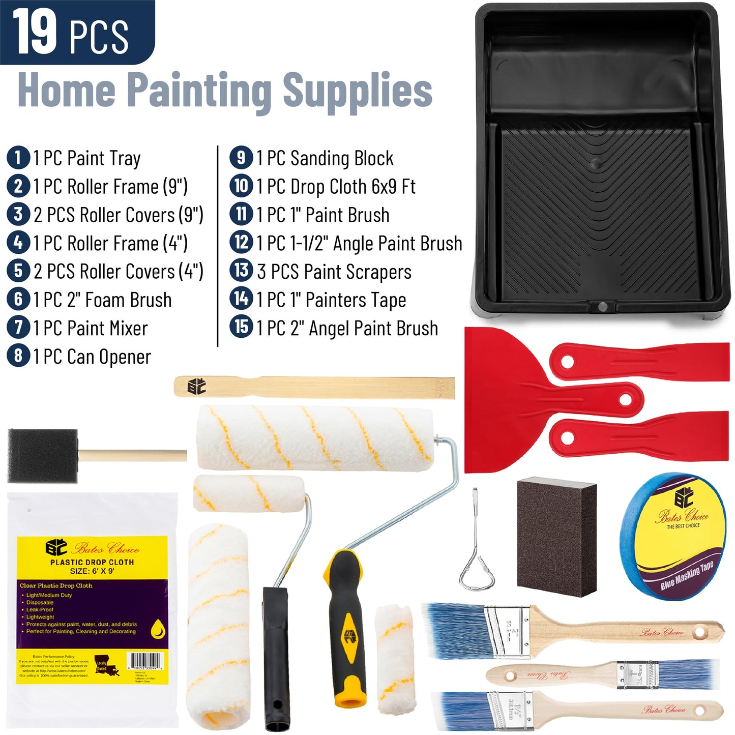 Bates- Paint Roller Kit, 19 pcs, Roller Set with Microfiber Sleeves & Frame, Tray, Angled Brush & Foam Brush, Paint Scrapers and More for Walls, Cabinets, Interior, Exterior, House Painting Supplies