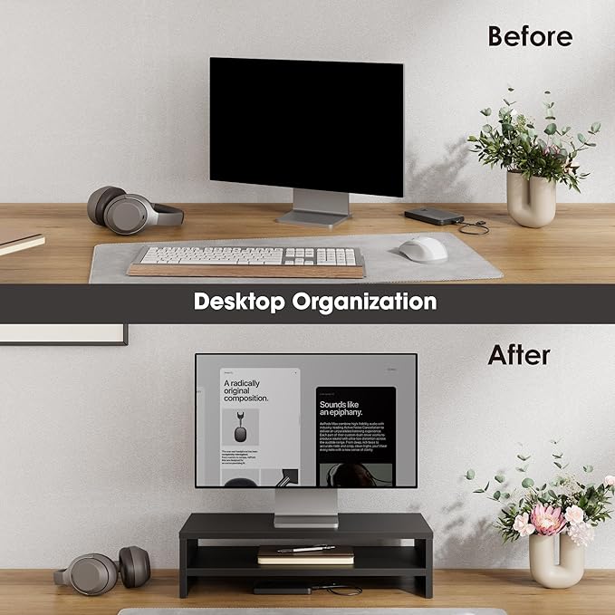 FITUEYES Monitor Stand - 2 Tier Computer Monitor Riser with 21.3 Inch Shelf, Wood Desktop Stand for Laptop Computer Screen, Desk Organization, Office Supplies