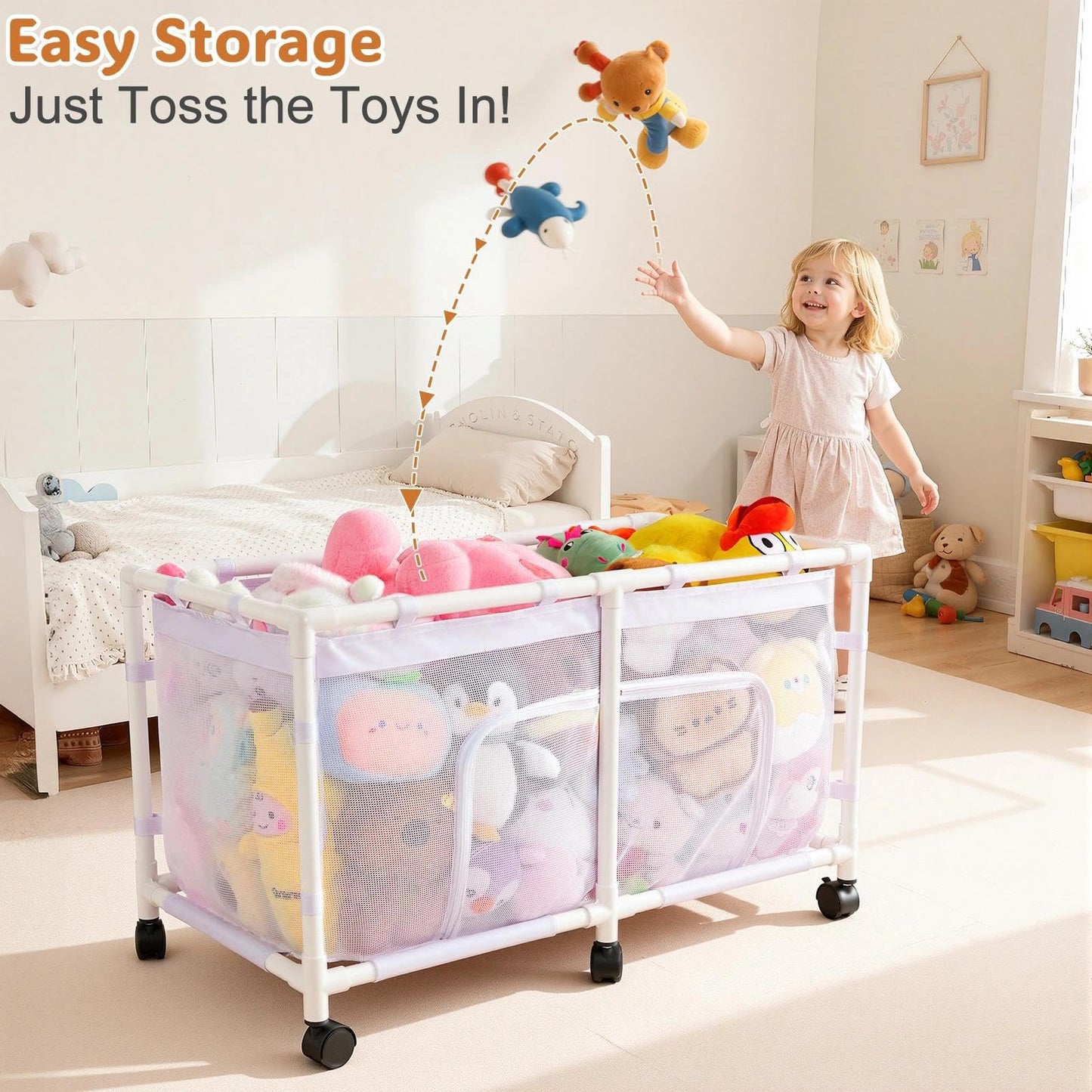 FIOBEE Toy Box for Girls Boys with See-through Mesh & 360° Rotating Wheels Toy Chest Organizer Easy Install Stuffed Animal Storage for Nursery Playroom Toy Storage Bin, White