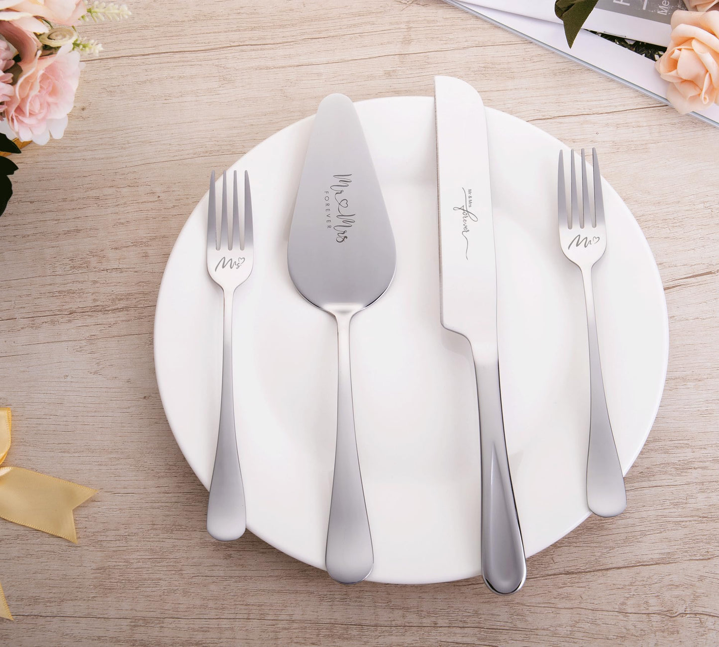 Silver Cake Cutting Set for Wedding, Cake Knife and Server Set, Bride & Groom Cutter Server Set and Forks, Birthday, Wedding, Bridal Shower Gifts for Couples