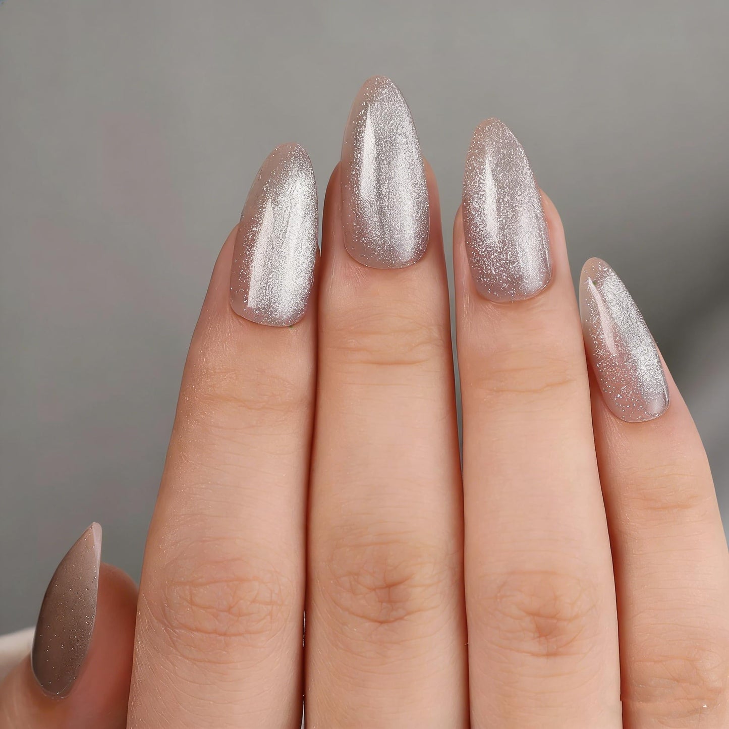 Silver Crystal Cat Eye Medium Almond Press on Nails - Chrome Magnetic Gel Nails Kit, Reusable 32 Pcs with Glue & 16 Sizes for Women, Parties, Events
