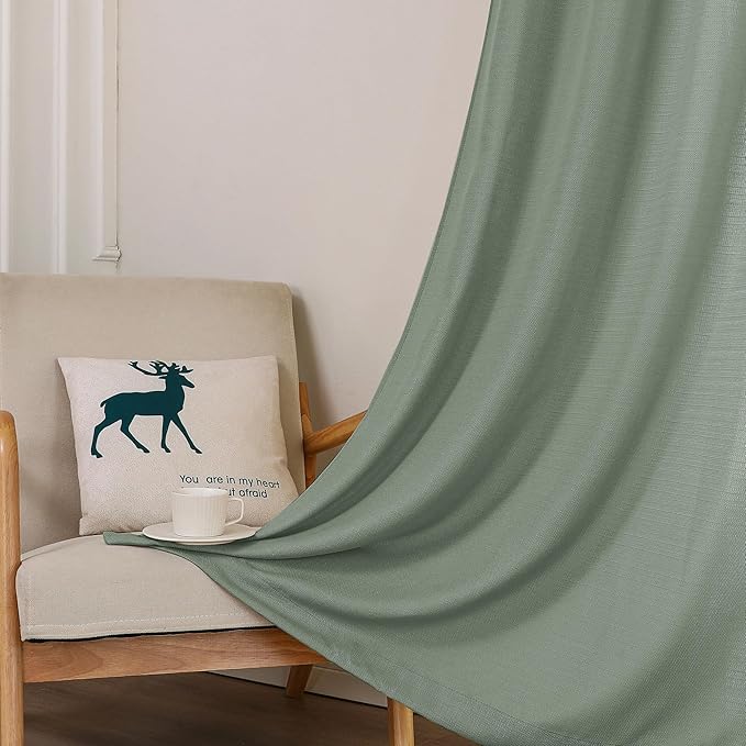 Chyhomenyc Sage Green Curtains 90 Inch Length 2 Panels Set, Faux Linen Textured Semi Light Filtering Soft Airy Farmhouse Curtain Drapes for Living Room Bedroom, Each 60Wx90L