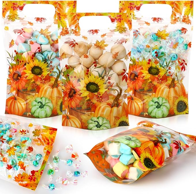 Blosssound 50 Pcs Thanksgiving Gift Bags Resealable Fall Goodie Bags Pumpkin Plastic Pouches Maple Leaf Sealing Pouches with Handles for Autumn Harvest Party Gift Wrapping Supplies Decor (Maple Leaf)