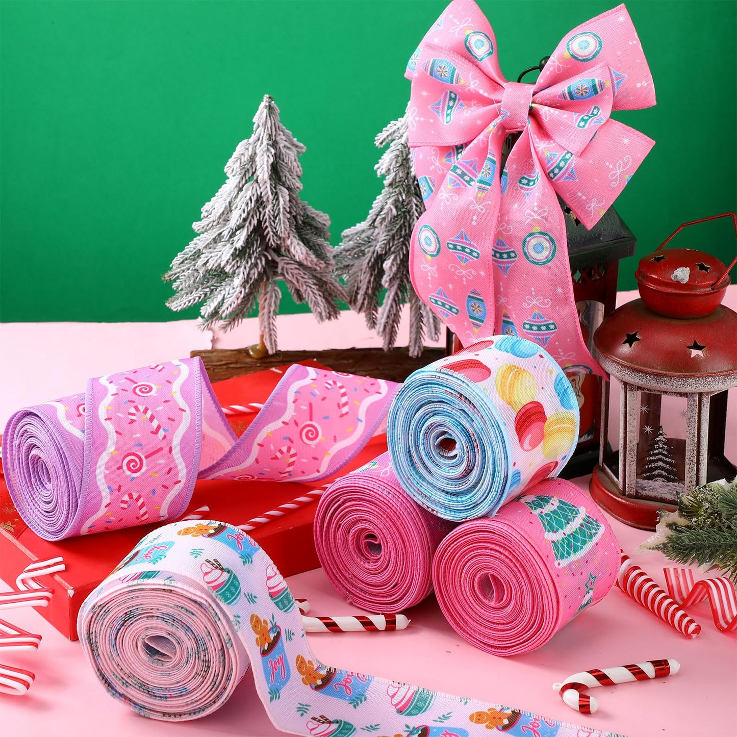 5 Roll 30 Yard Pink Christmas Candy Ribbon Wired 2.5 in Fabric Candy Pastel Christmas Wired Edge Ribbon for Xmas Tree Decorations, Gift Wrapping Wreath DIY Making Bow Crafts