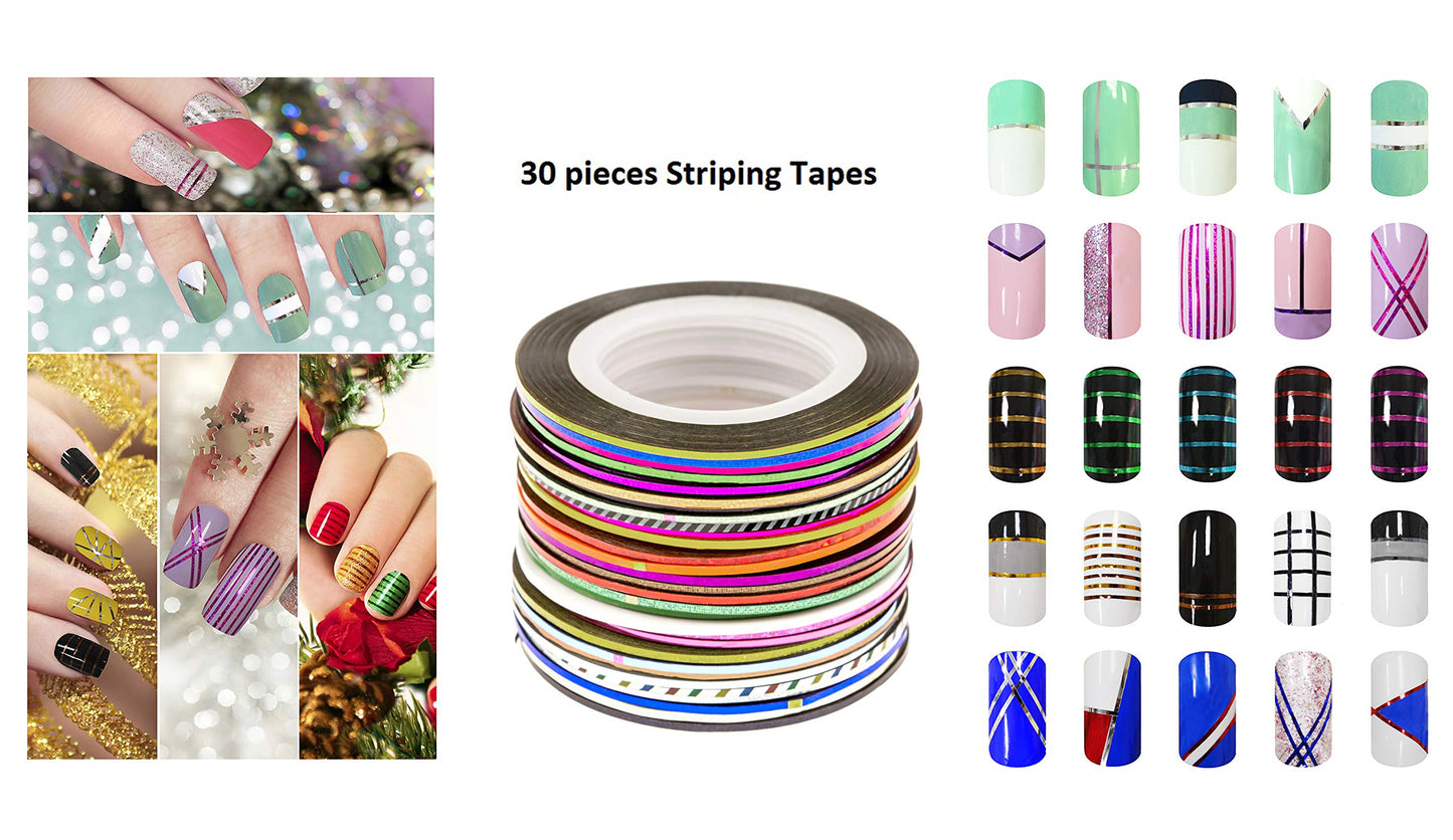Beaute Galleria Bundle 50 Pieces Nail Art Tool Kit with Pouch - 5 Pieces Dotting Tool Marbleizing Pen (10 Sizes), 15 Pieces Acrylic Gel Detailing Painting Brushes Liners, 30 Pieces Striping Tapes