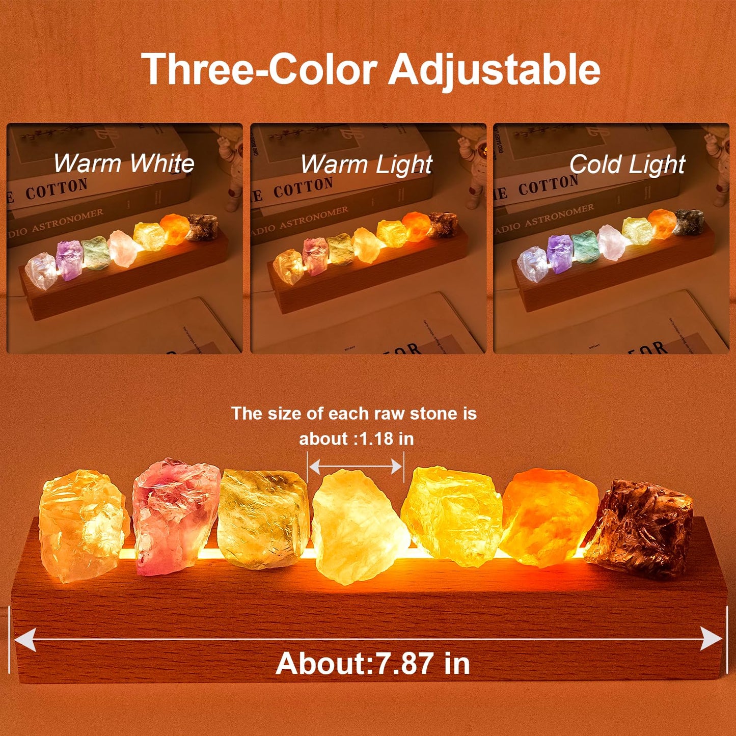 Runyangshi Crystal Night Lamp Natural Healing Crystal Raw Stone USB Port 3 Colours Dimming Mode Bedroom Lamp Suitable Night Light Ideal Gift