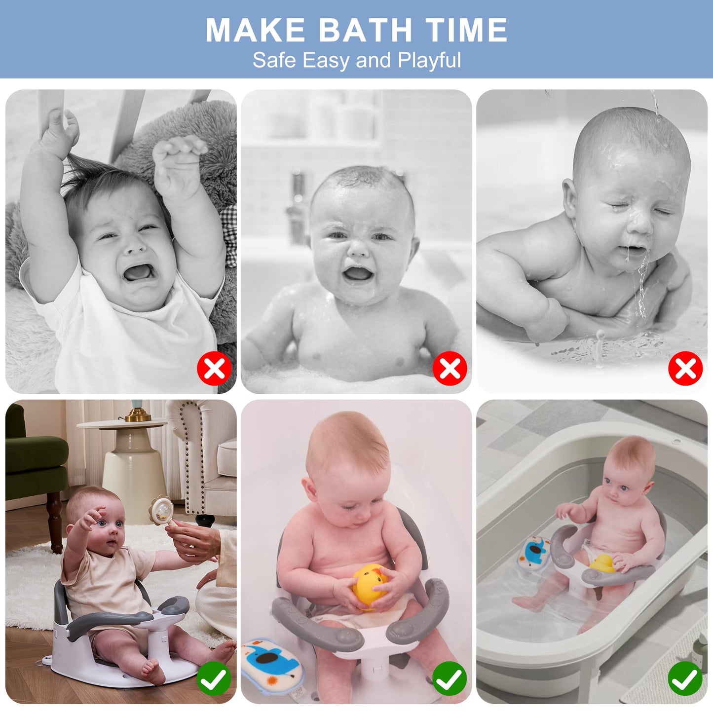Wddbb Baby Bath seat for Babies 6 Months & up, 360° Stable Toddler Bath Chair with one-Touch Button, Back Hollow Design, Water Temperature Card & 4 Suction Cups for Safety (Dark Gray)