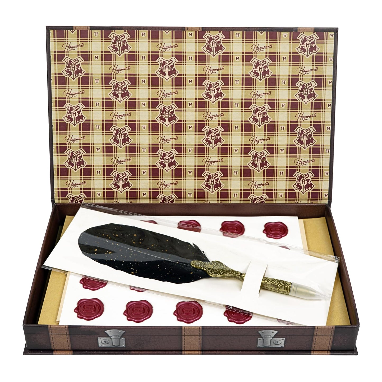 Conquest Journals Harry Potter Boxed Stationery Set, 20 Hogwarts Letterhead Stationery, 20 Corresponding Envelopes, 20 Wax Seals, Keepsake Travel Trunk Box, Feather Ballpoint Pen, Officially Licensed