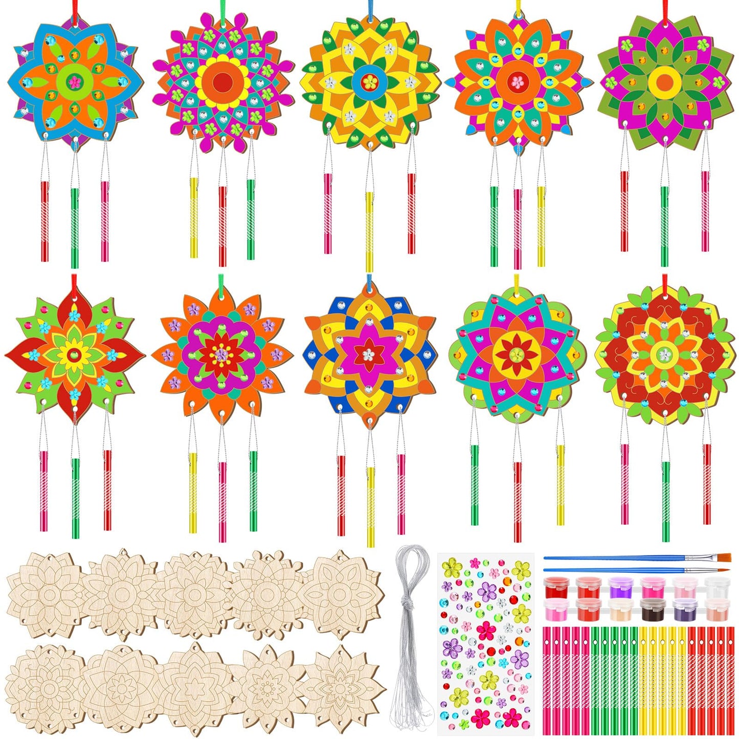 JellyArch 30 Pack Spring Mandala Wind Chime Making Crafts Kit for Adults, Make Your Own Wind Chime Bulk Wooden Hanging Ornaments for DIY Activity Birthday Summer Decoration