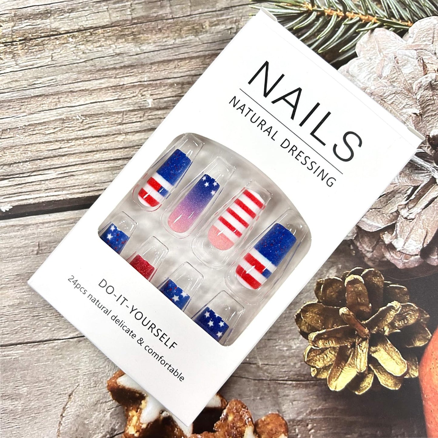 July 4th Press on Nails Medium Square Stars Stripes Design Independence Day False Nails Blue Glitter Powder Gradient Acrylic Nail Full Cover Patriotic Stick on Nail Holiday Glue on Nail for Women