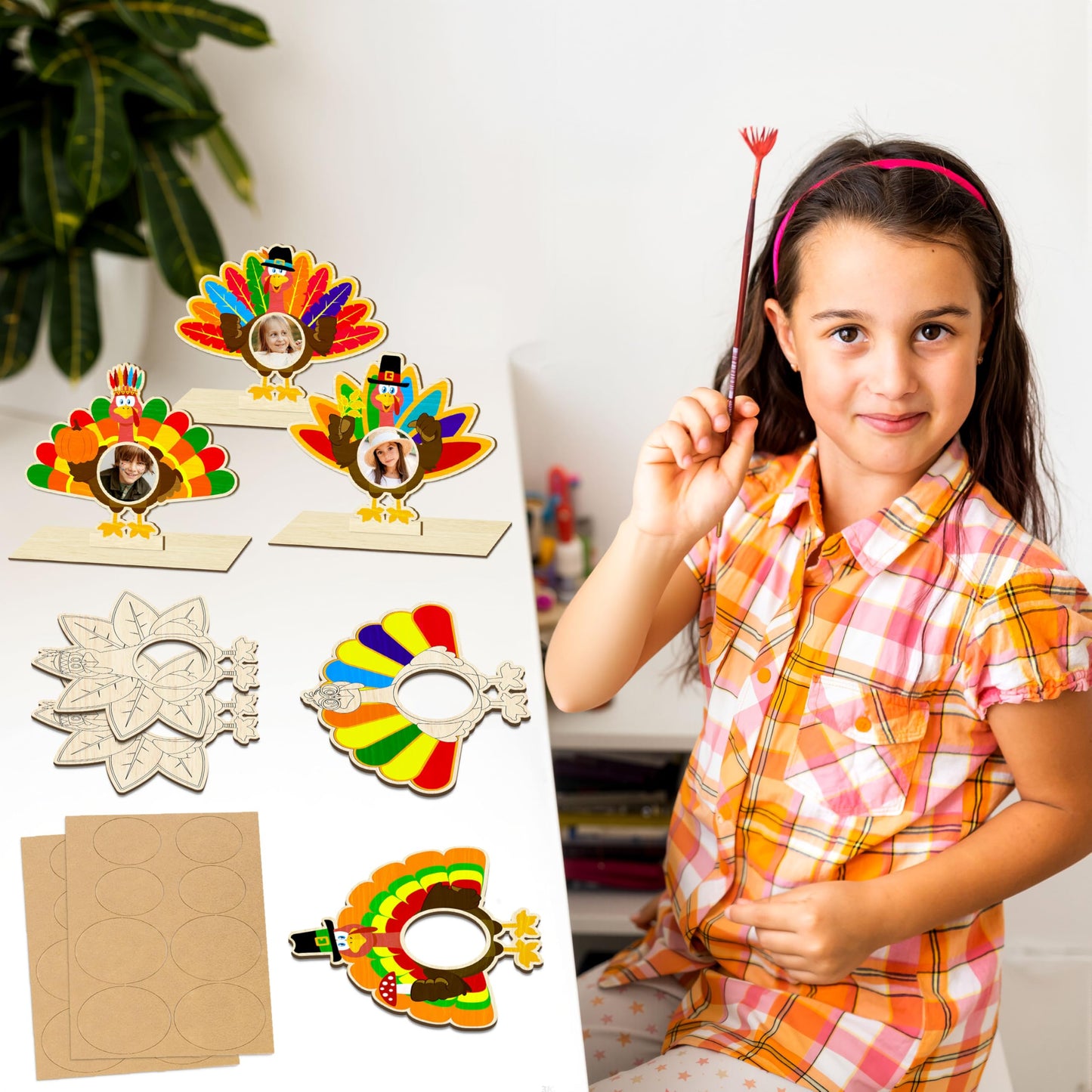 Moon Boat 16Pcs Thanksgiving Crafts Wooden Turkey Picture Frame DIY Painting Arts Kit Fall Party Favors Classroom Activities Table Decorations