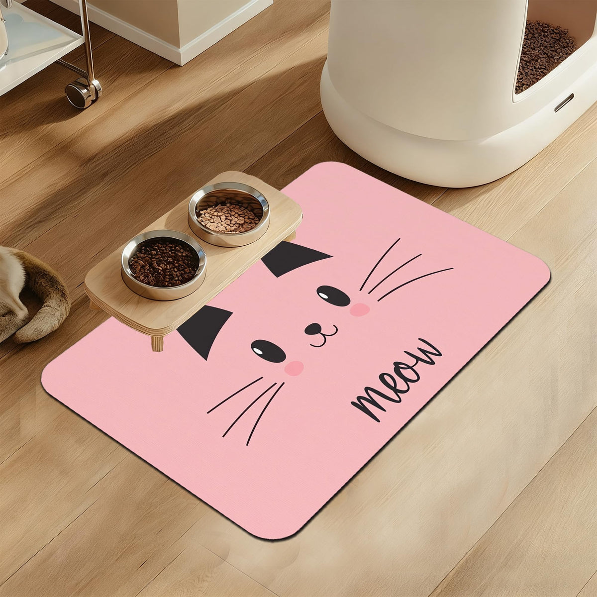 Pink Cat Dog Food Mat–Absorbent Quick Dry Feeding Placemat for Food and Water Bowls, Non Slip Rubber Backing, Waterproof Pet Supplies for Mess-Free Eating 12"x20"