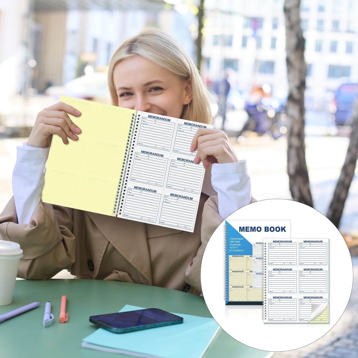 Memorandum Forms Book 300 Sets Carbonless 2 Part Duplicate Memo Pads 8.5x11 Inches Phone Message Book Spiral Bound With Tear Off Line And Writing Board Backing Suitable For Office Or School(1, Blue)