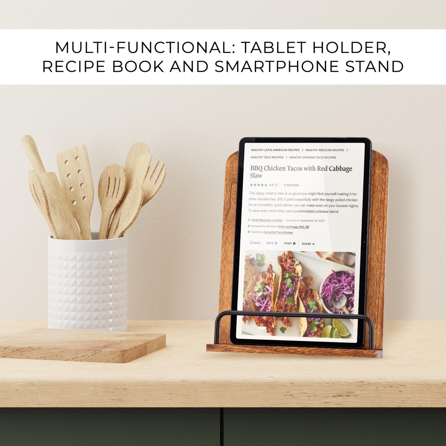 Beautiful Cookbook Stand for Your Kitchen Counter - Solid Wood Stand Easily Keeps Cook or Recipe Books Open for Convenient Cooking - Perfectly Fits Your iPad/Tablet and Enhances Any Kitchen Decor
