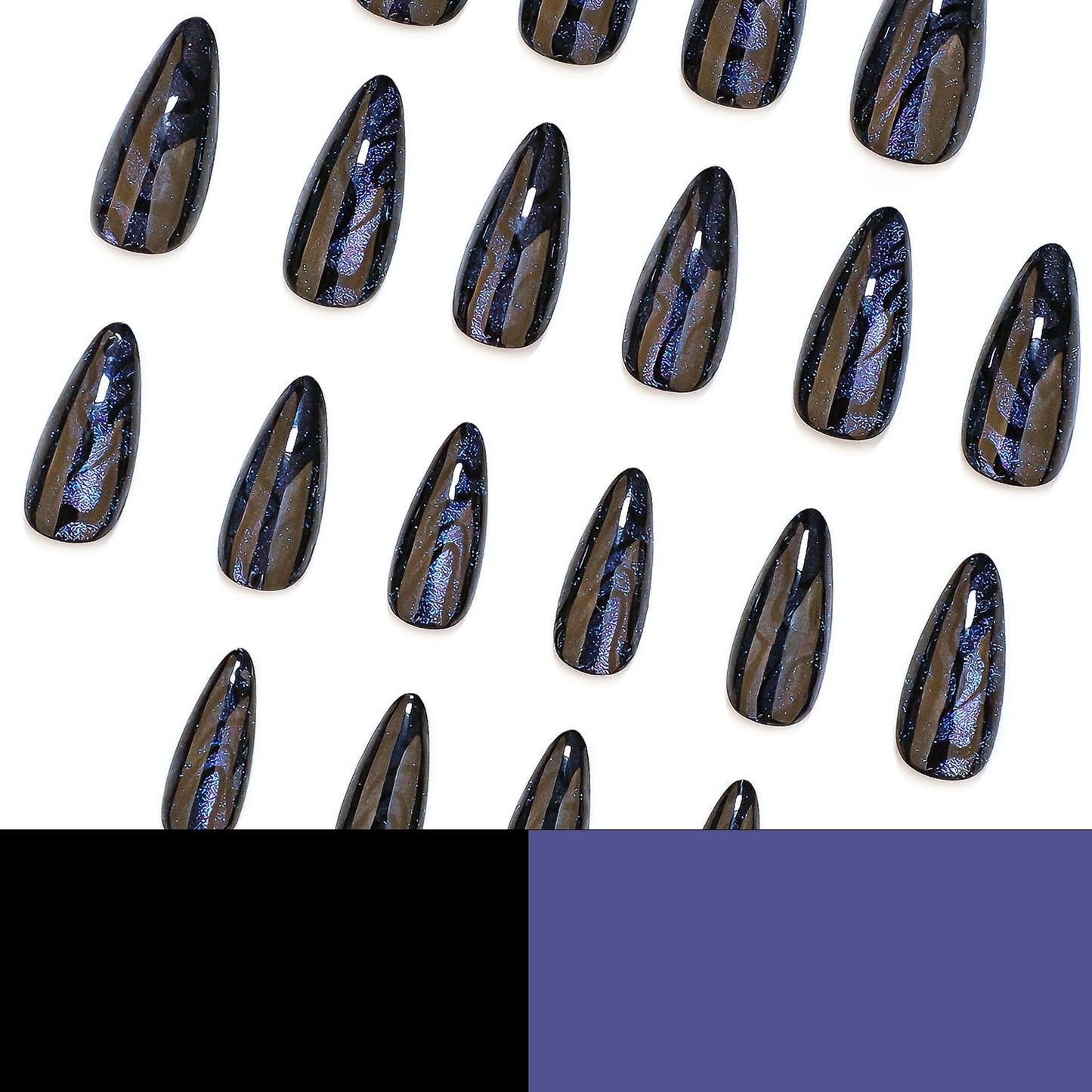 RUOKEXIN Almond Press on Nails Medium Length Fake Nails Black Cat Eye False Nails with Designs Glitter Nail Press ons Sparkly Artificial Nails for Women 24Pcs
