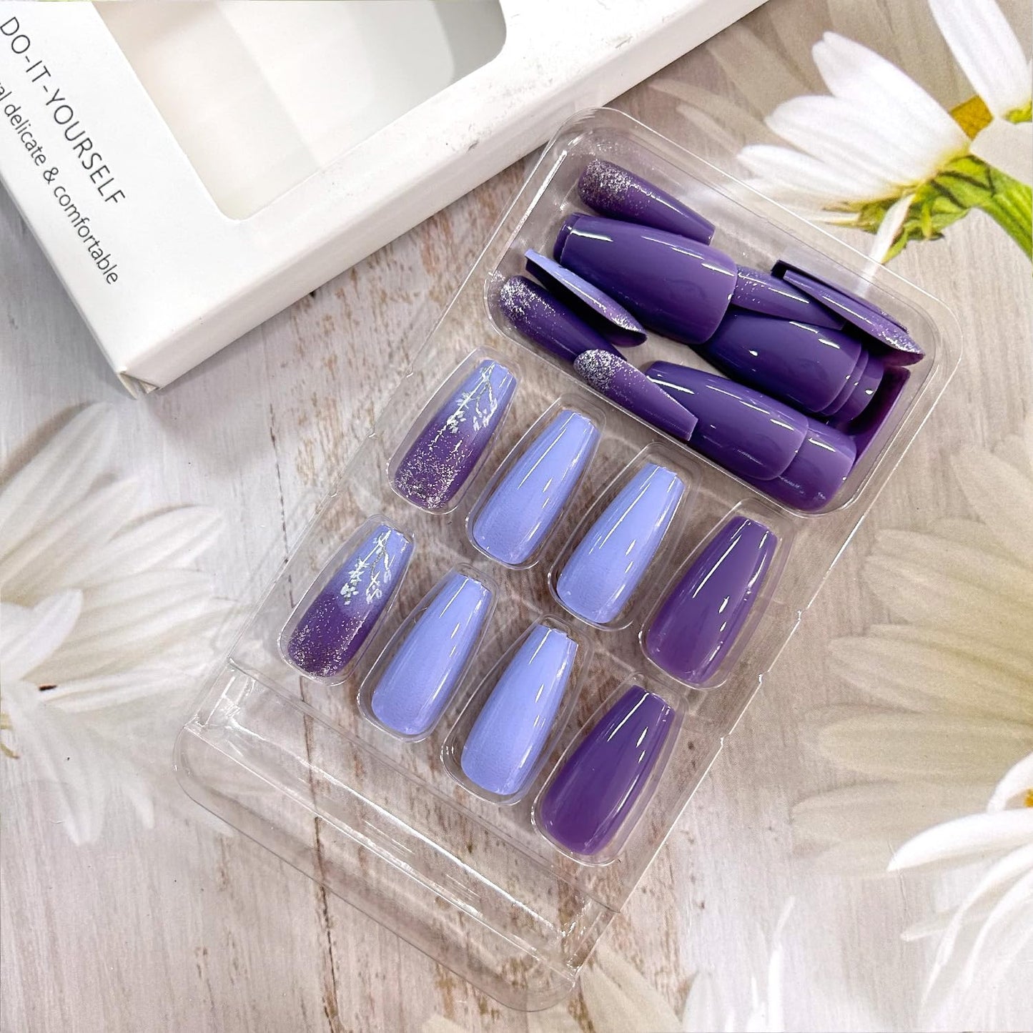 CJDLTS Light Purple False Nails Gradient Press on Nails Medium Ballet Shaped Nails Flower Pattern Design French Stick on Nails Cute Fake Nails Artificial Coffin Nails Acrylic Glue on Nails for Women