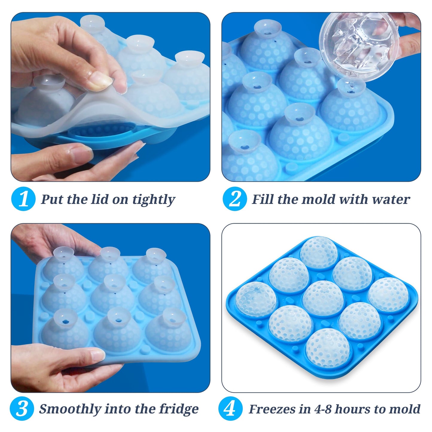Sidosir 2" Large Golf Ice Cube Ball Silicone Molds with Lid, 9-Cavity 3D Golf Gifts Ball Ice Maker Mold for Whiskey and Cocktails