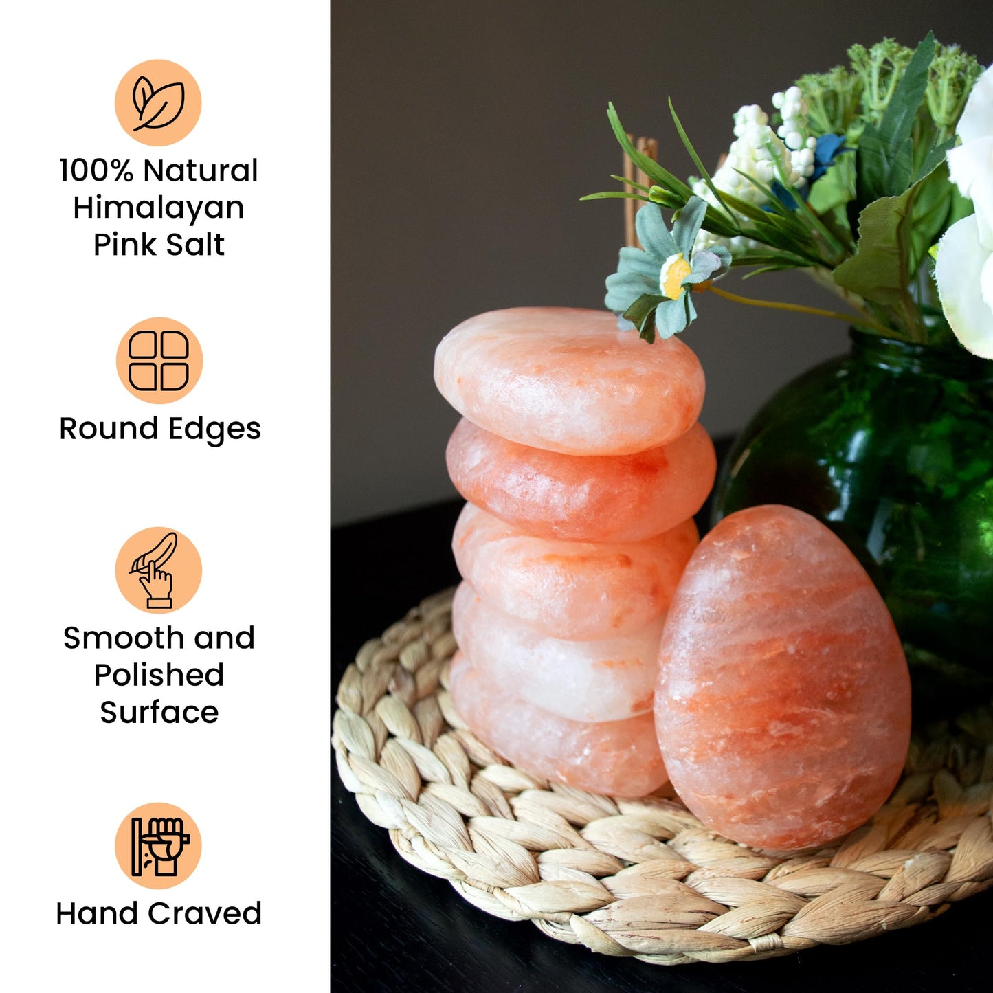 POHS Pack of 6 Flat Oval Massage Stone, Deodorant Stone, Pink Crystal Hand -Carved hot & Cold for Massage Therapy