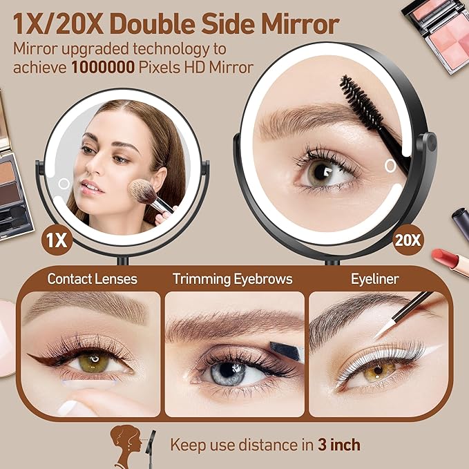 Magnifying Mirror with Light 20X, Height-Adjustable Lighted Makeup Mirror with Magnification, Double - Sided Aluminum Alloy LED Mirrors, 3 Lighting Modes Ideal for Bathroom Make-up, Black