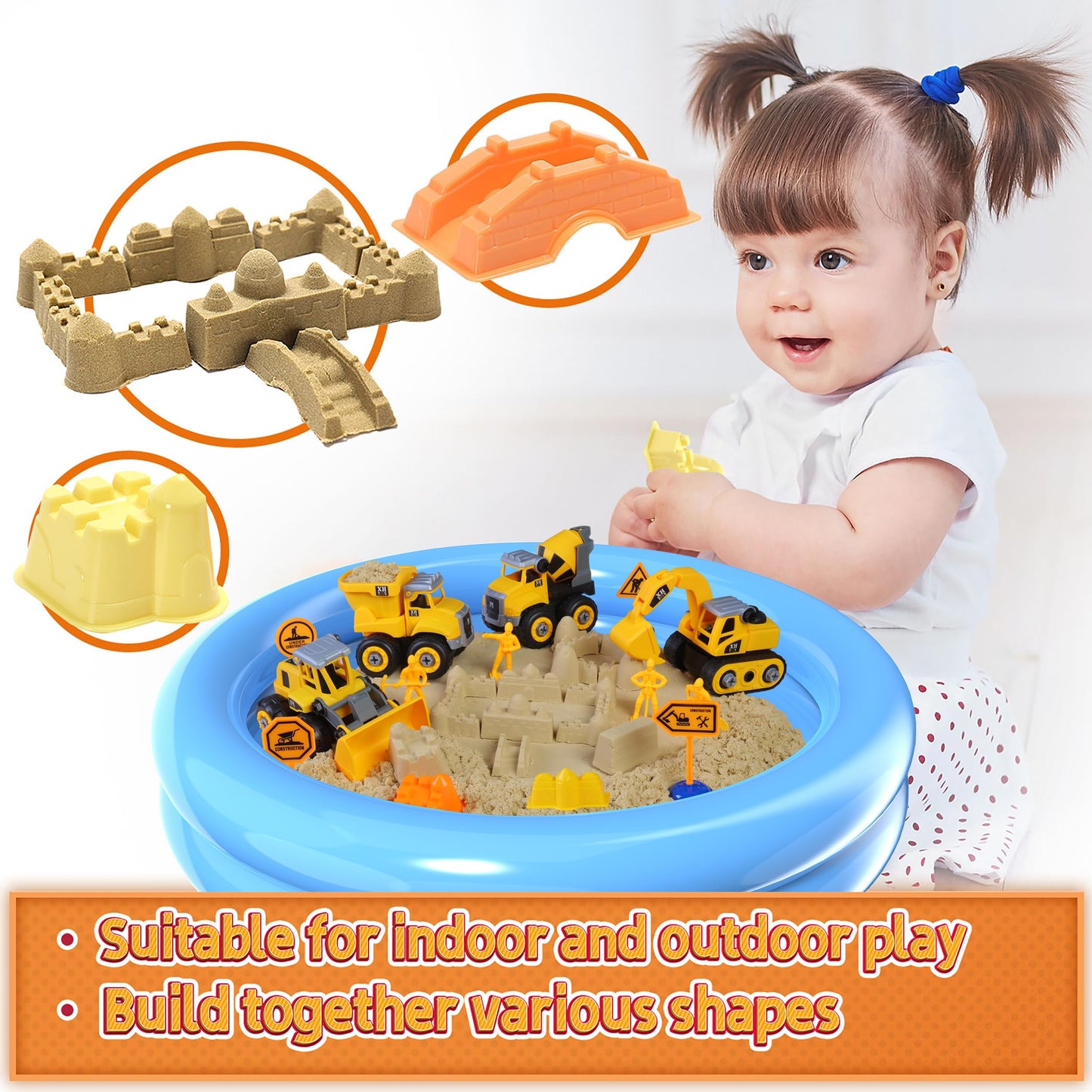 YIDESTARS Play Construction Sand Kit,2.2lbs Magic Sand W/4 Large Take Apart Construction Trucks,1 Sandbox,8 Worker Figures and Road Signs,8 Molds,Toys for 2-8 Years Old Boys Girls